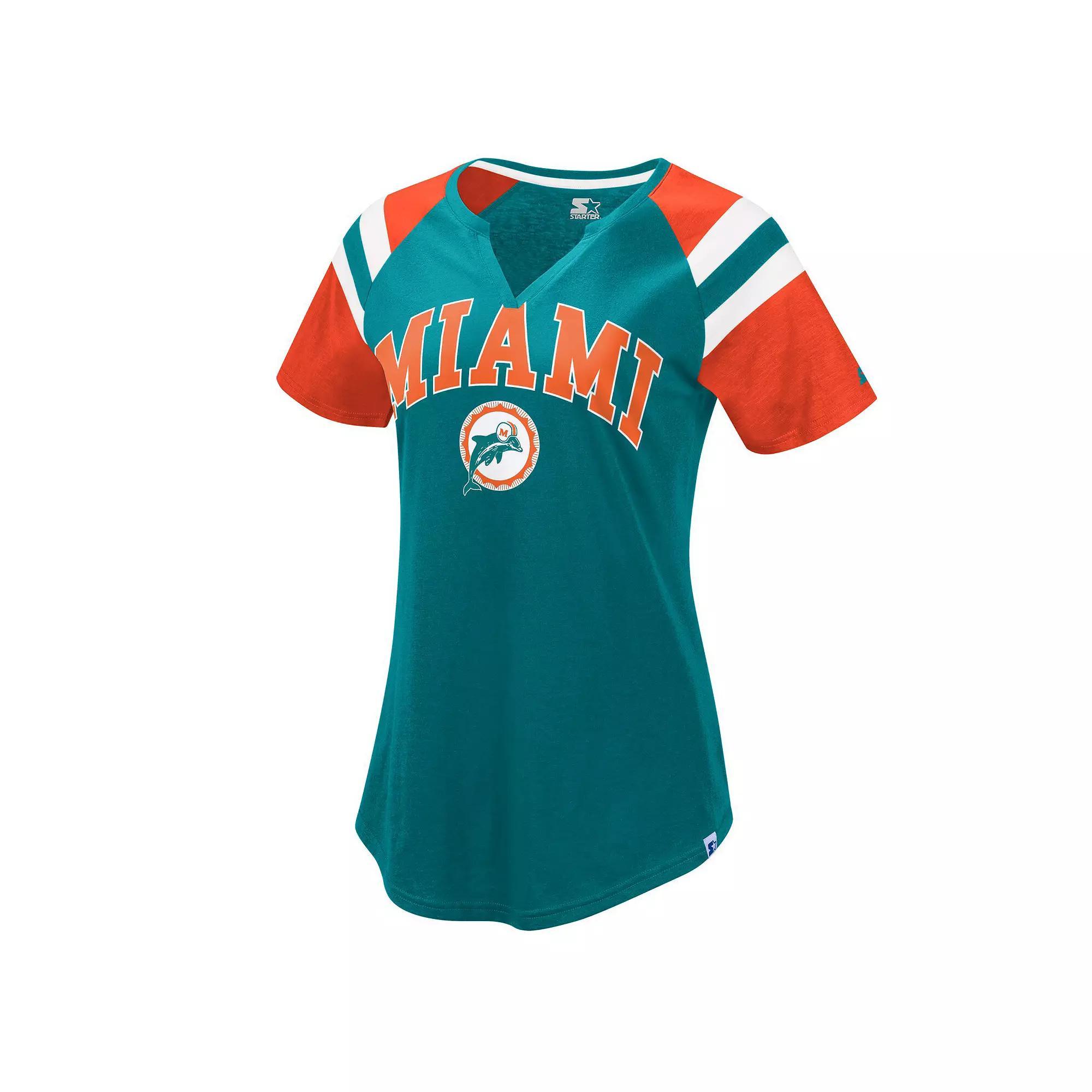 Women's Starter Aqua/Orange Miami Dolphins Game On Notch Neck Raglan T-Shirt, Size: Large, Turquoise A Product Image