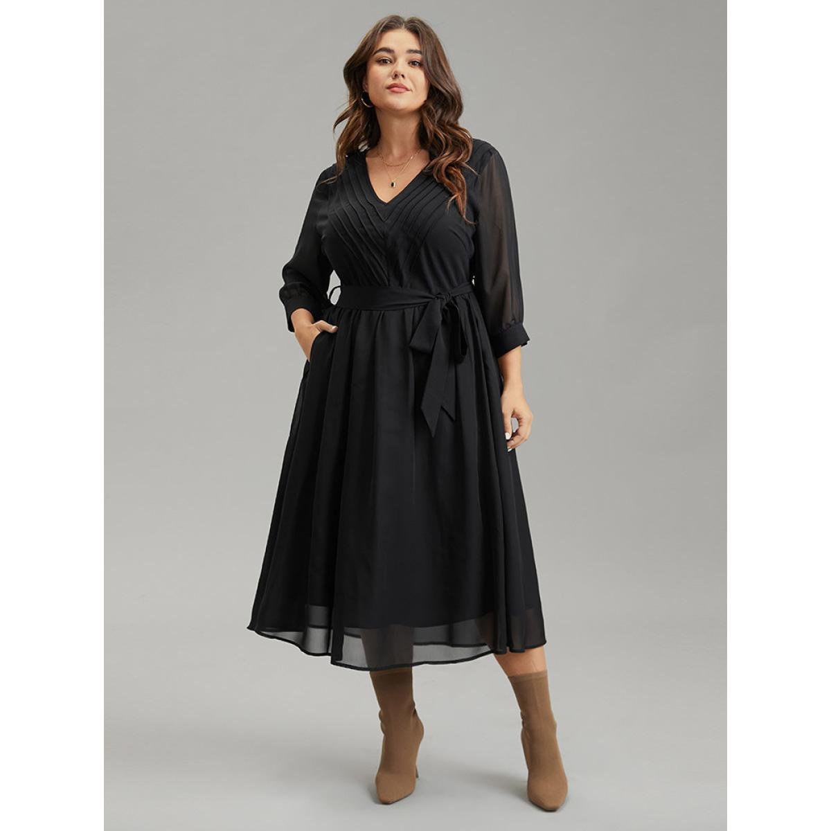 Plus Size Mesh Patchwork Belted Pleated Dress Black Women Elegant Lined V-neck Elbow-length sleeve Curvy Midi Dress BloomChic 12/L Product Image