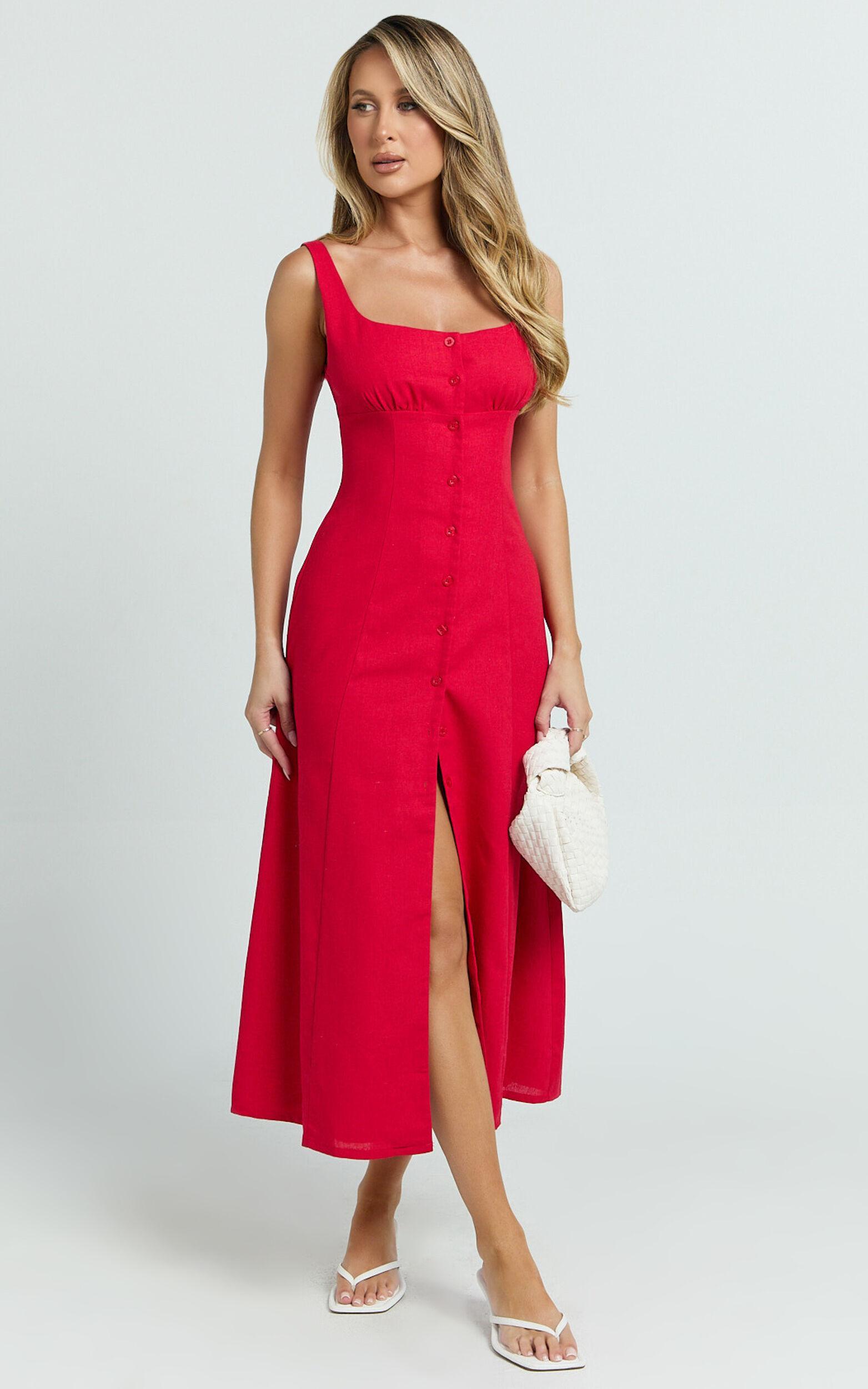 Cameron Midi Dress - Button Front Tie Back Dress in Red Product Image