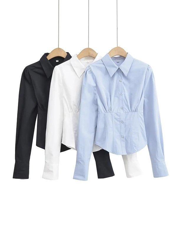 Pleated Button Down Long Sleeve Blouse Product Image