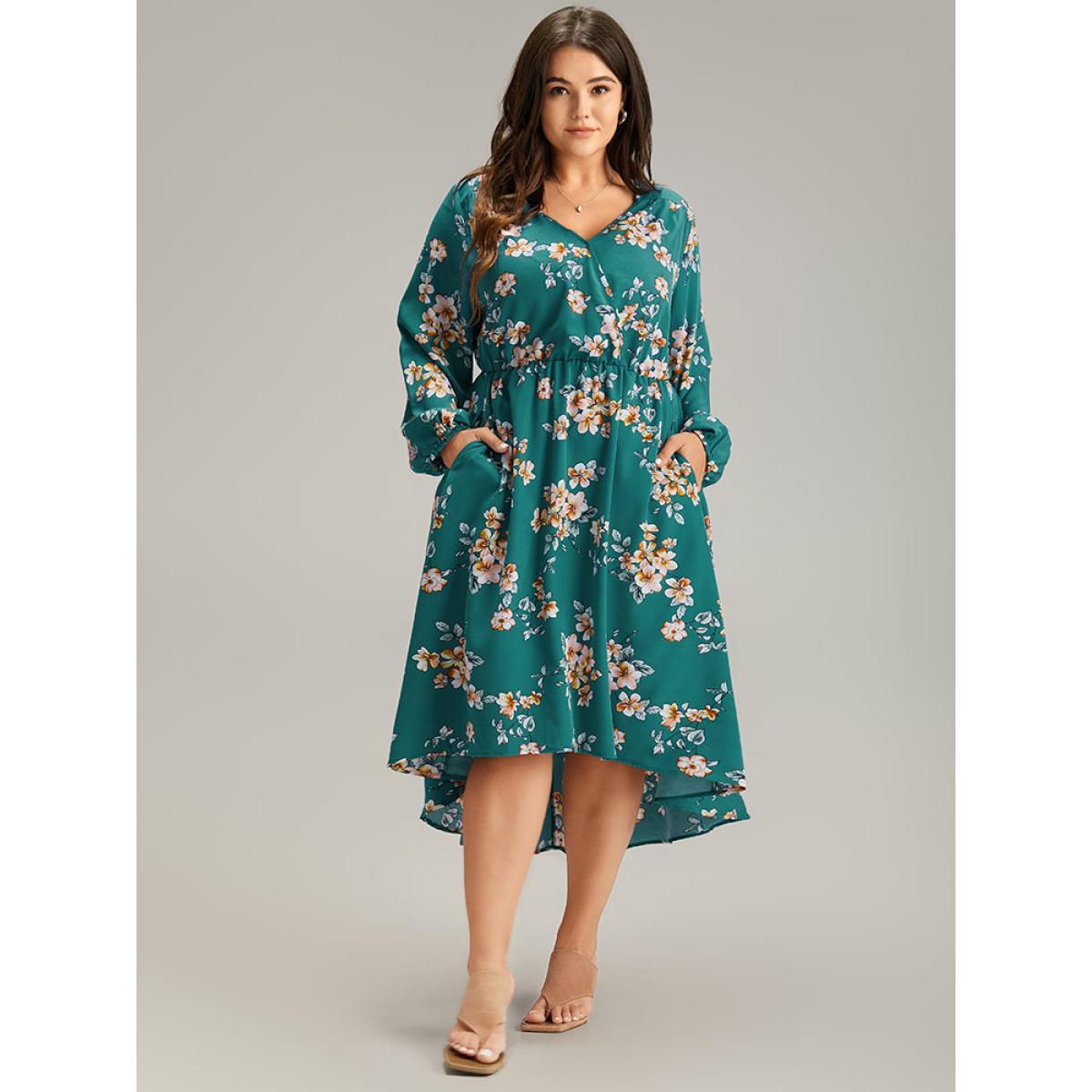 Plus Size Floral Lantern Sleeve High Low Hem Dress DarkBlue Women Elegant Elastic cuffs V-neck Long Sleeve Curvy Midi Dress BloomChic 10/M Product Image