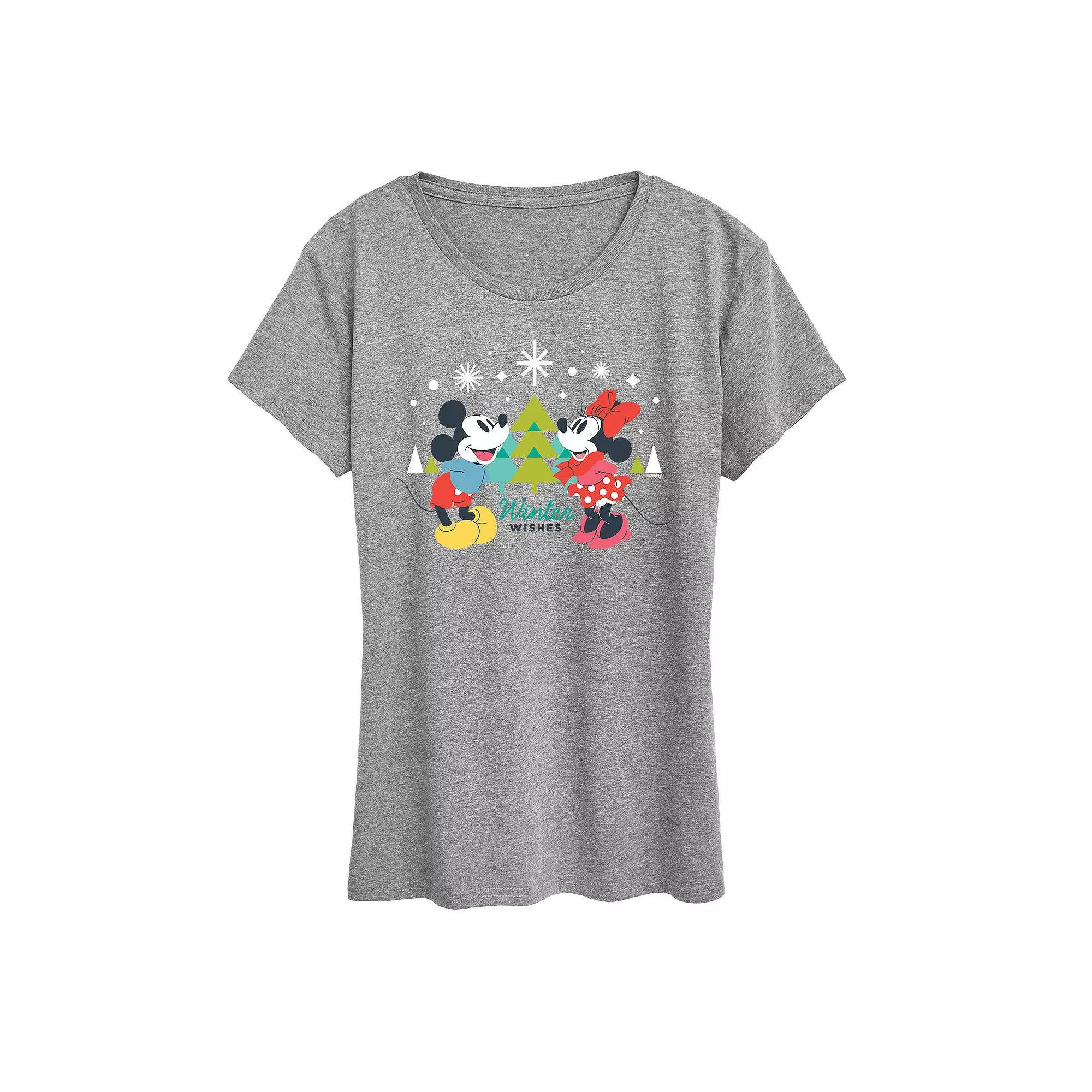 Disney's Mickey Mouse Women's Mickey and Minnie Winter Wishes Graphic Tee, Girl's, Size: Large, Grey Gray Product Image