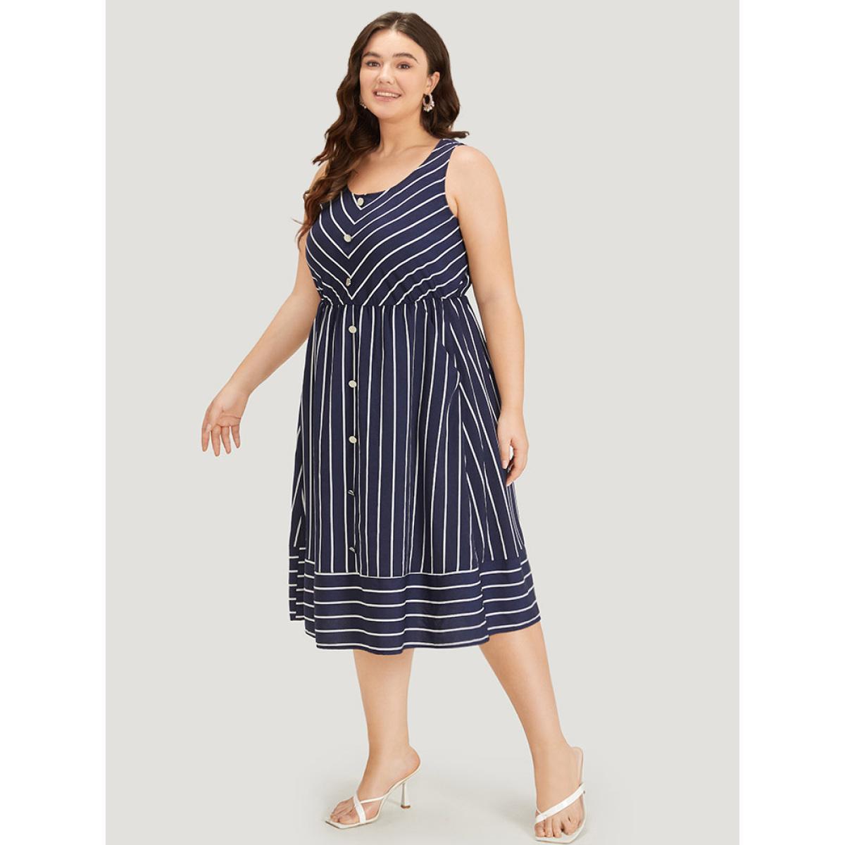 Plus Size Striped Button Detail Elastic Waist Pocket Tank Dress DarkBlue Women Elegant Elastic Waist Scoop Neck Sleeveless Curvy Midi Dress BloomChic 12/L Product Image