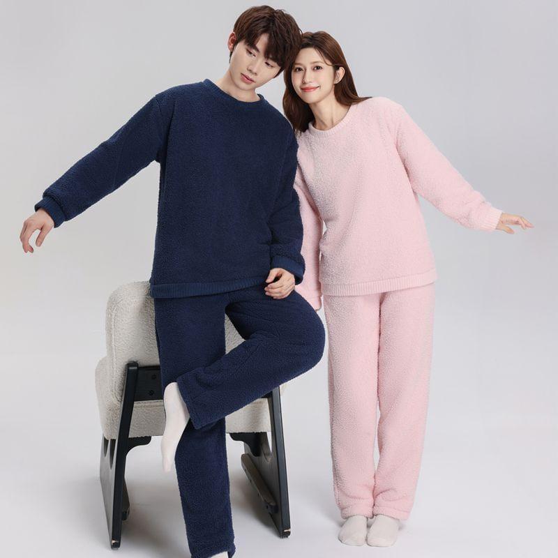 Couple Matching Pajama Set: Crew Neck Plain Fleece Sweatshirt + Pants Product Image