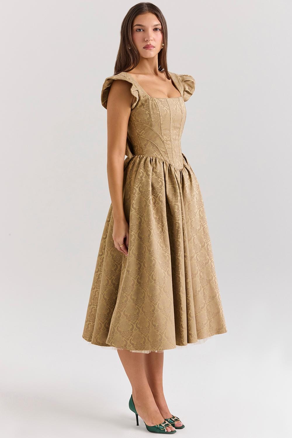 Alessandra Gold Jacquard Midi Dress with Detachable Bow Product Image