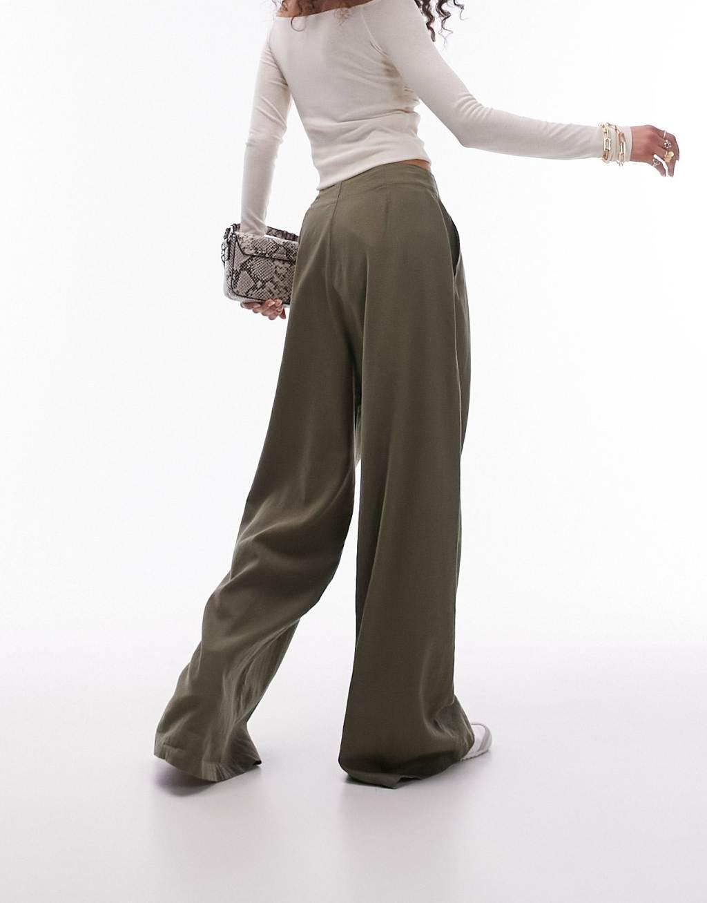 Topshop linen high waist super wide leg pants in khaki Product Image