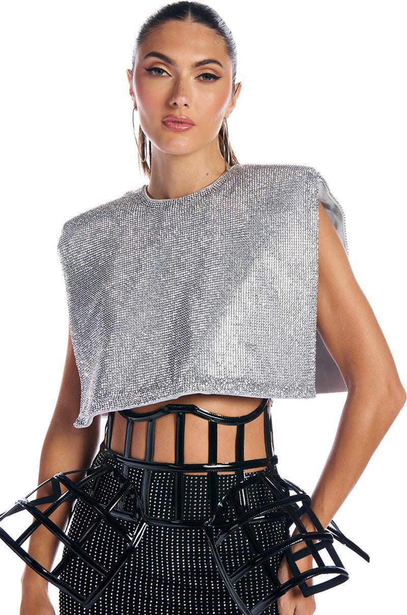 DISCO BABE SLEEVELESS RHINESTONE CROP TOP IN WHITE Product Image