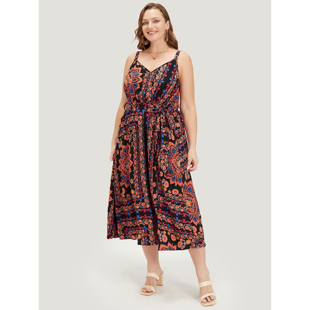 Plus Size Boho Print Belted Split Hem Pocket Cami Dress Black Women Vacation Gathered V-neck Sleeveless Curvy Midi Dress BloomChic 10/M Product Image