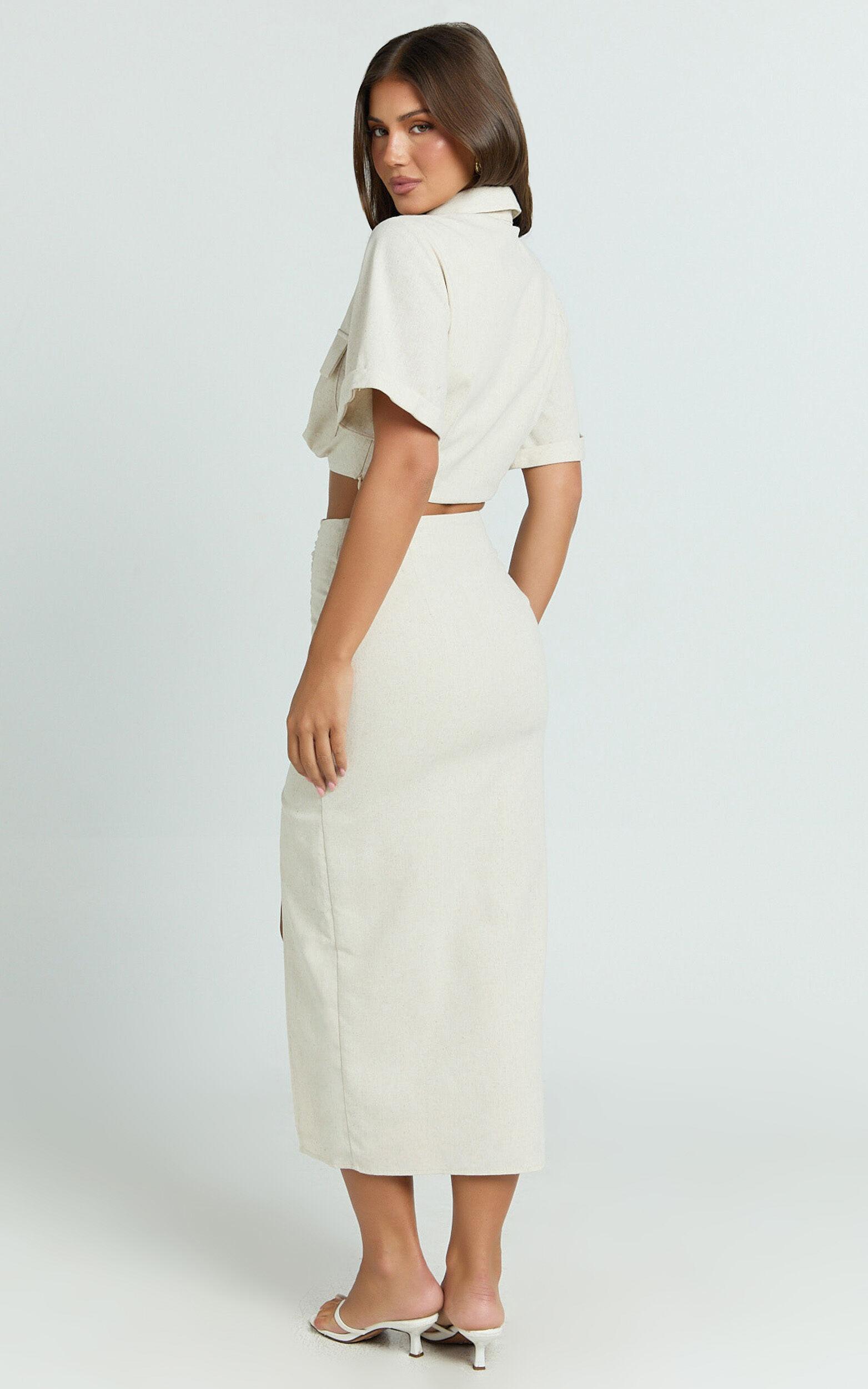 Enzo Two Piece Set - Collared Faux Twist Shirt And Ruched Side Split Skirt in Sand Product Image