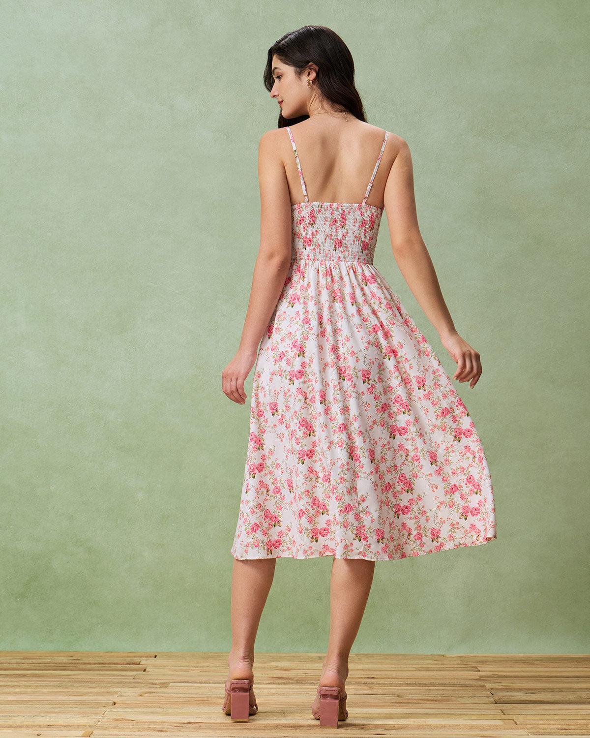 Pink Floral Sweetheart Neck Shirred Slip Midi Dress Product Image