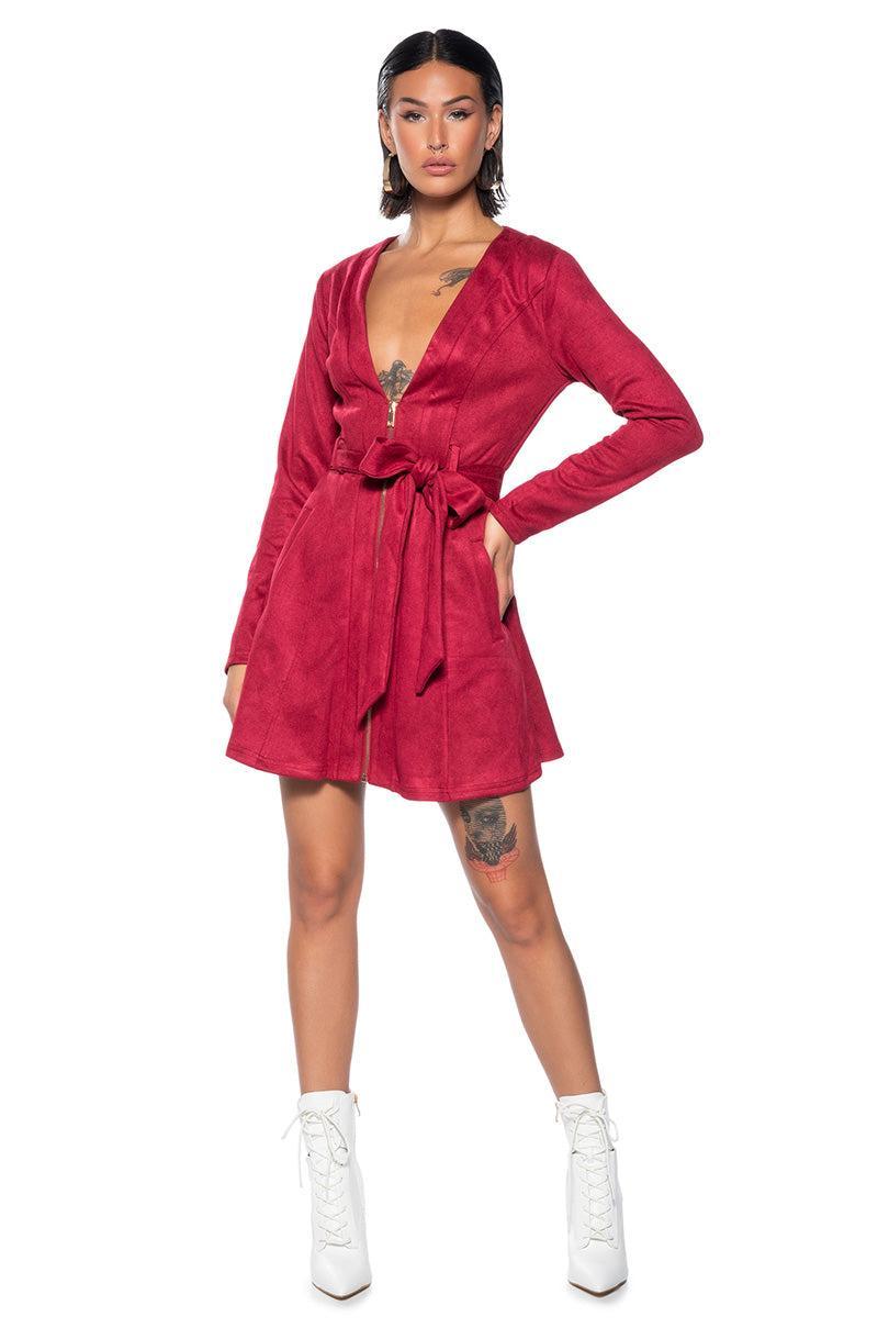 COVET FAUX SUEDE TRENCH MINI DRESS IN RED Product Image