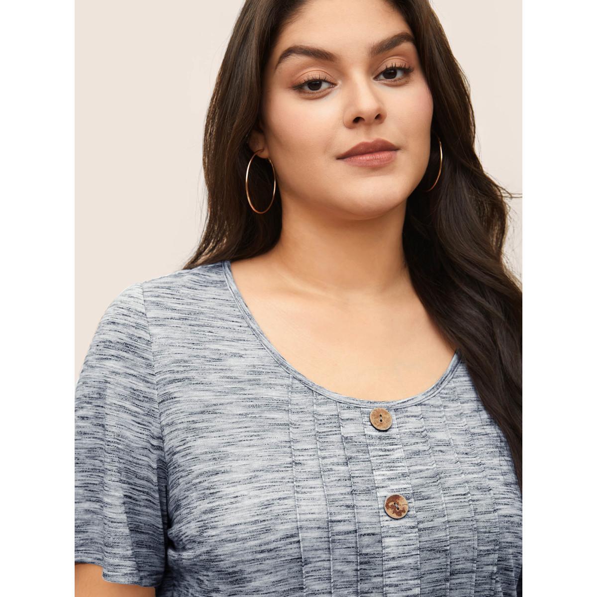 Plus Size Round Neck Heather Pleated Button Detail T-shirt DarkBlue Women Casual Button Plain Round Neck Everyday T-shirts BloomChic 14-16/1X Product Image