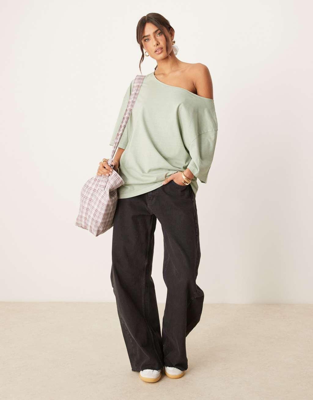 ASOS DESIGN slouchy off the shoulder oversized tee in washed sage Product Image