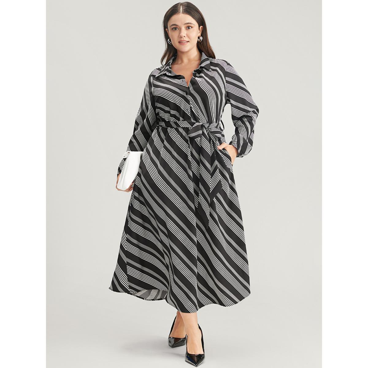 Plus Size Striped Lantern Sleeve Pocket Belted Lapel Collar Dress Black Women Office Belted Lapel Collar Long Sleeve Curvy Midi Dress BloomChic 10/M Product Image