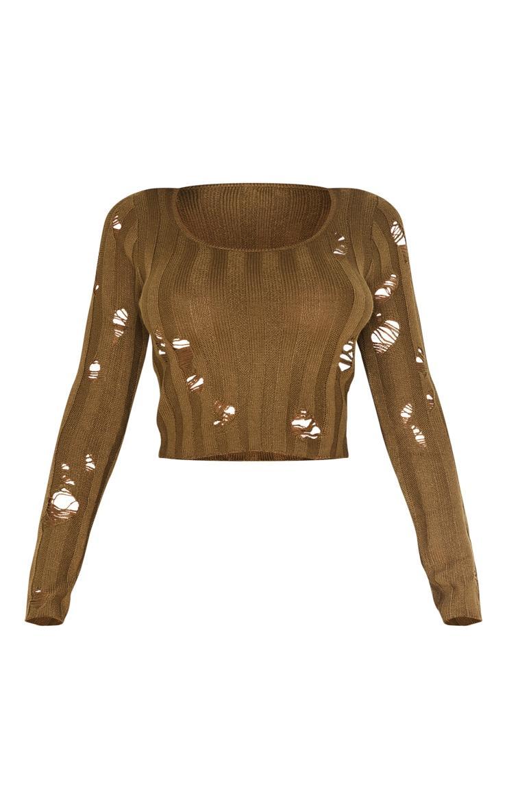 Shape Khaki Distress Ribbed Knitted Long Sleeve Top Product Image