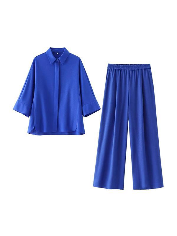 Loose Solid Color Split-Joint Split-Side Lapel Blouse + Elasticity Pleated Pants Trousers Two Pieces Set Product Image