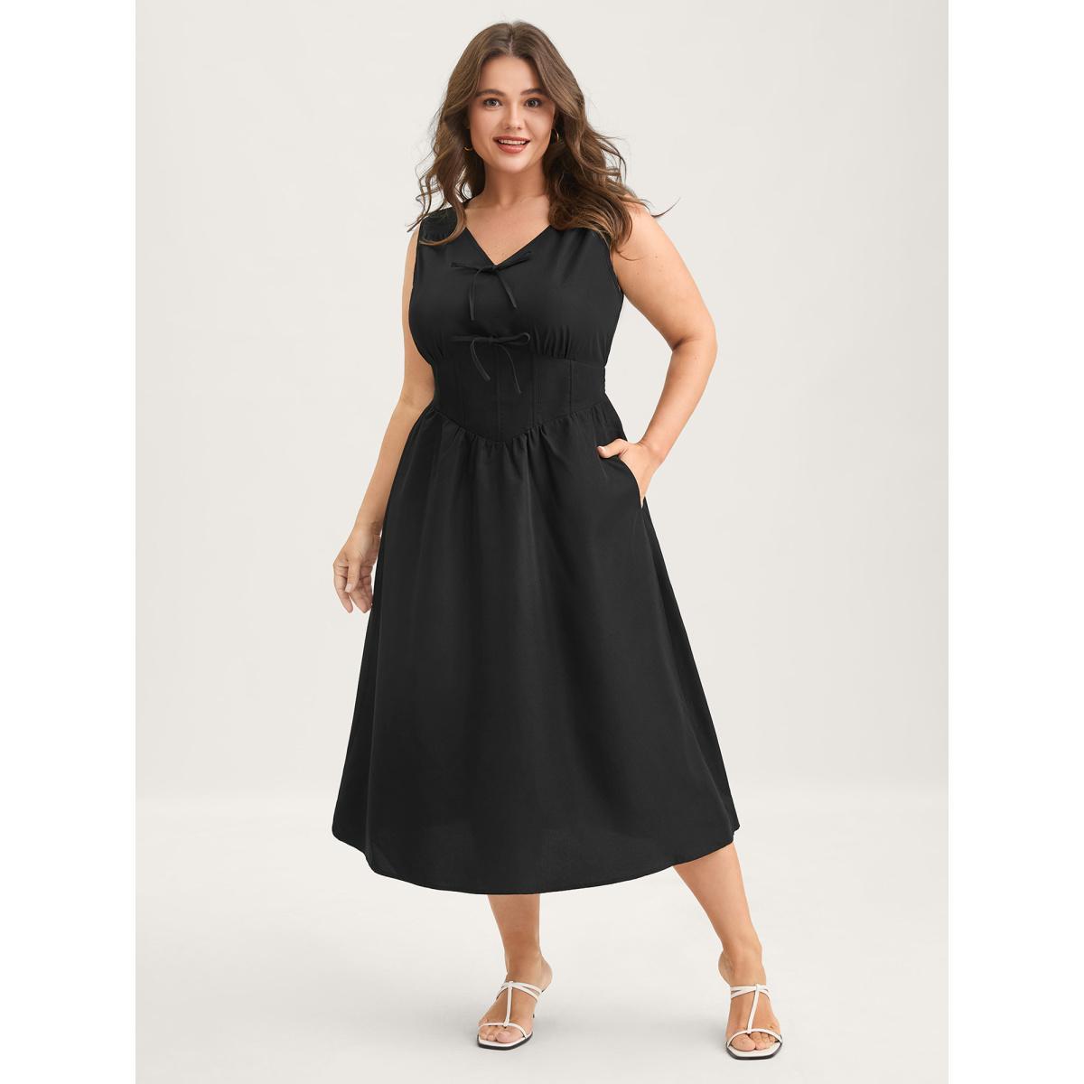 Plus Size Bow Tie Drop Waist Shirred Midi Dress Black Women Timeless Tie knot V-neck Sleeveless Curvy BloomChic 10/M Product Image