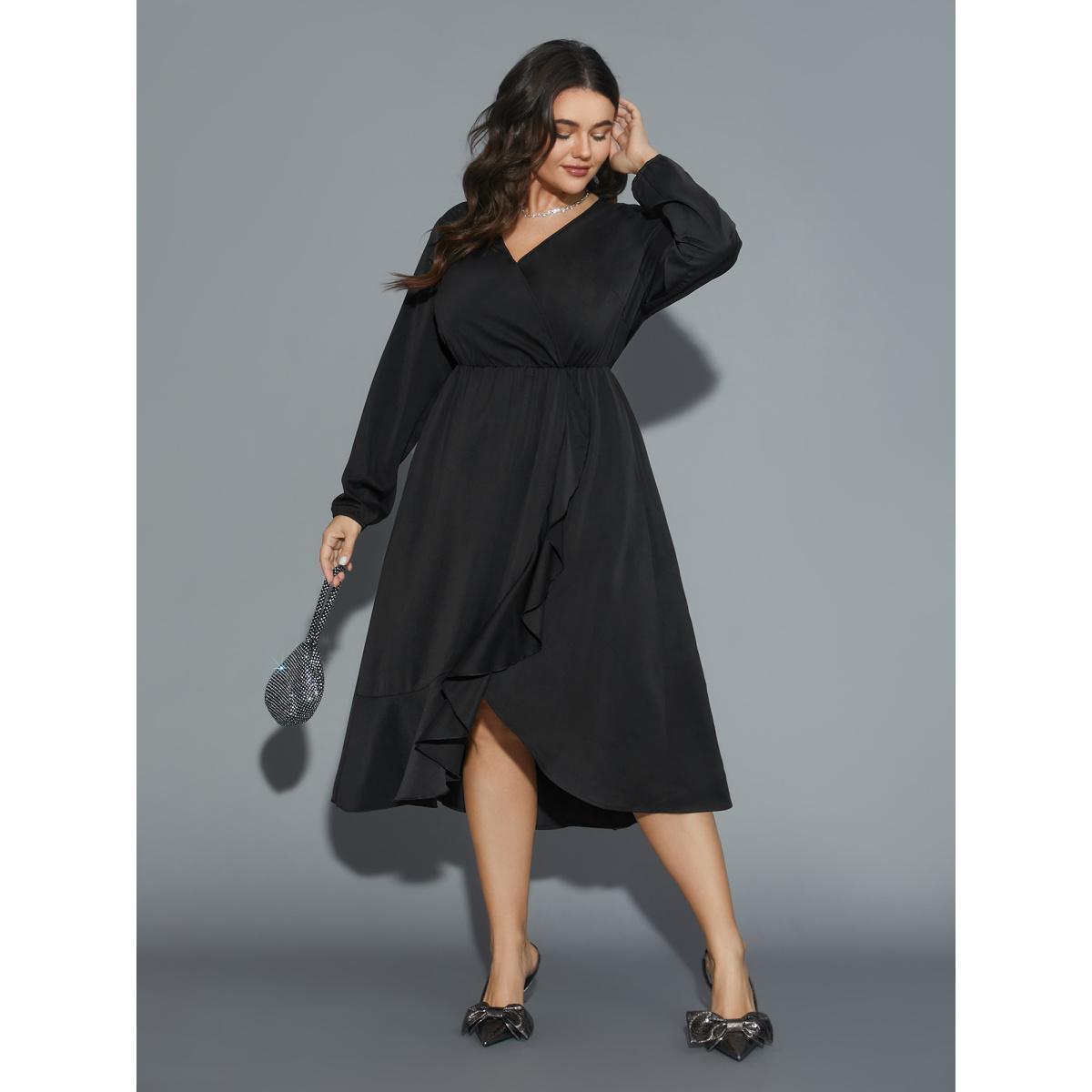 Plus Size Plain Overlap Collar Ruffle Trim Dress Black Women Elegant Overlapping Overlap Collar Long Sleeve Curvy BloomChic 18-20/2X Product Image
