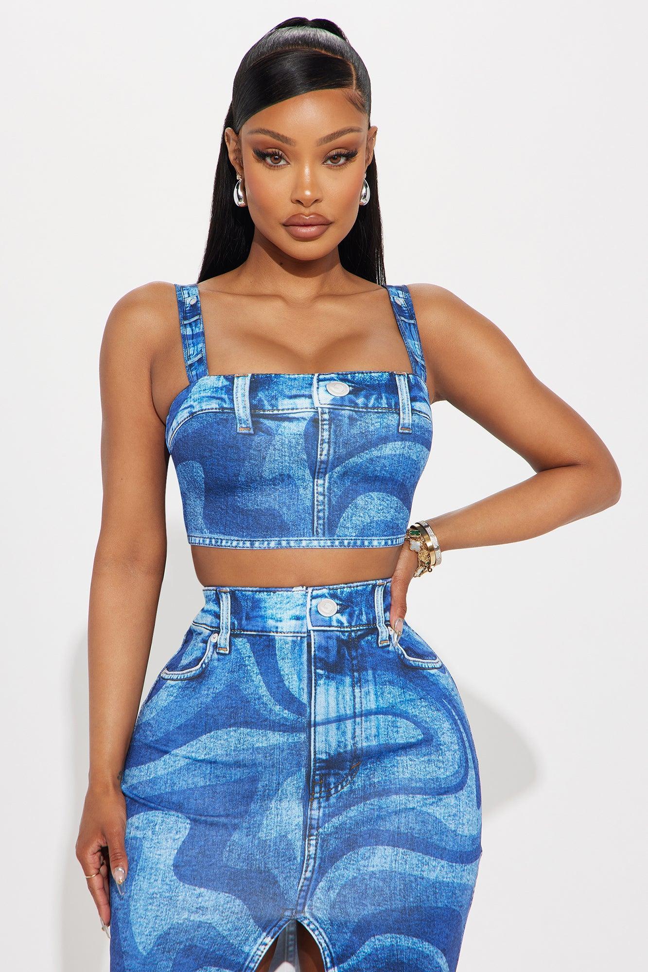 Secrets Denim Print Skirt Set - Blue Product Image