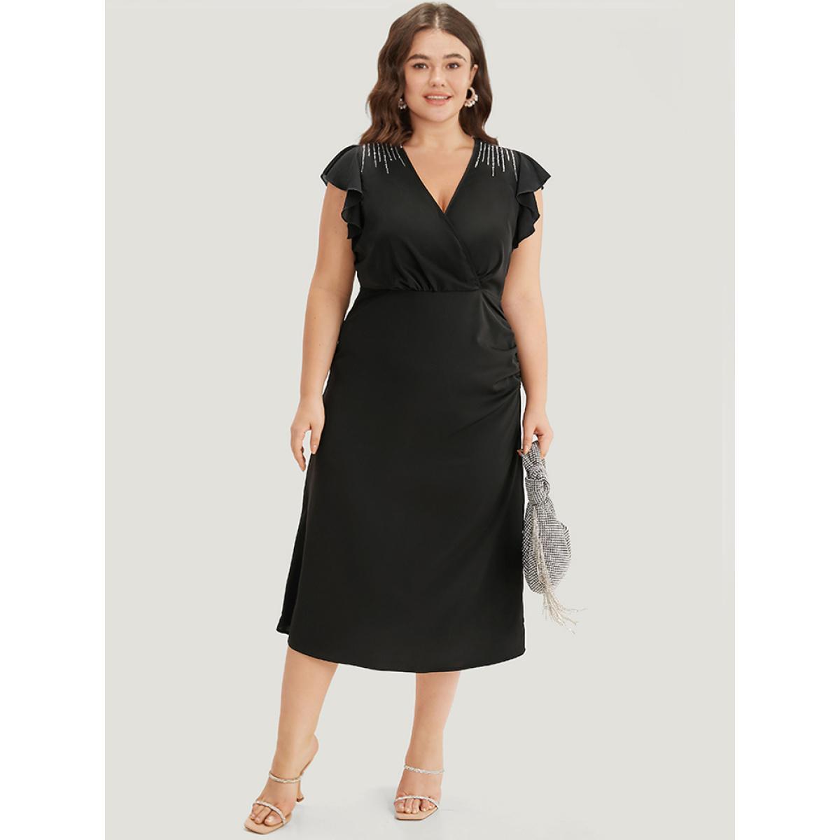 Plus Size Sequin Surplice Neck Ruffle Trim Zipper Dress Black Women Party Rhinestone detailing V-neck Sleeveless Curvy Midi Dress BloomChic 30/6X Product Image