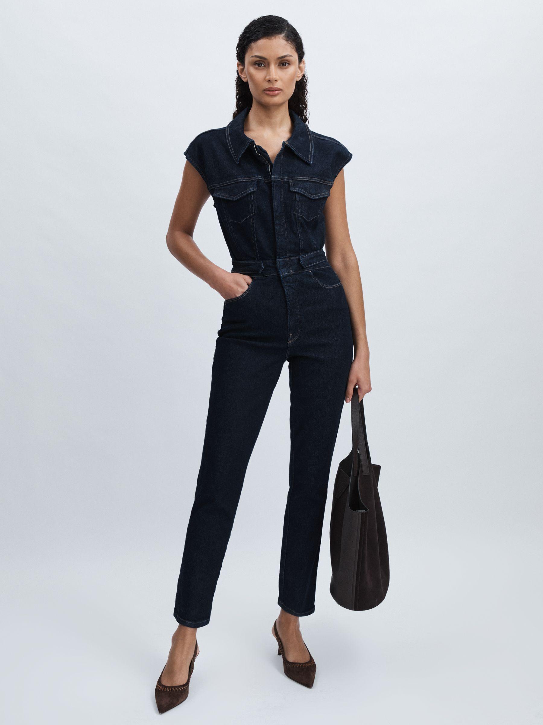 Denim Trucker Jumpsuit in Dark Blue Product Image