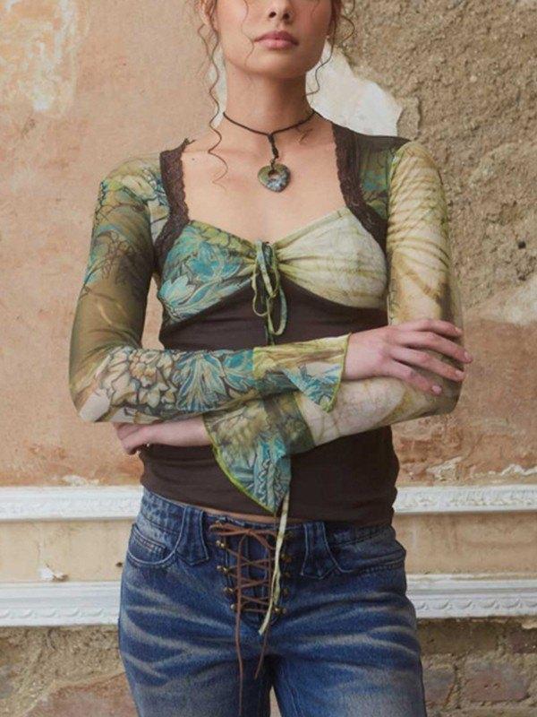 Tie Front Patchwork Mesh Long Sleeve Cropped Blouse Product Image