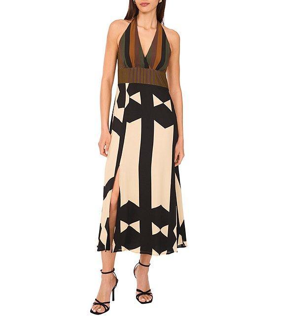 Vince Camuto Woven Abstract Print V-Neck Sleeveless Printed Midi Dress Product Image