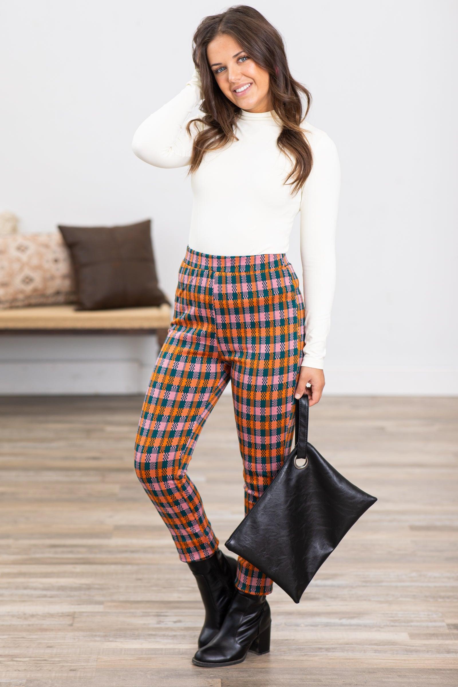 Orange Plaid Pull On Pants Product Image