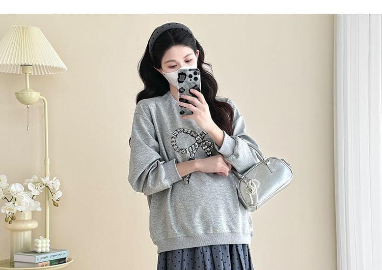 Maternity Round Neck Bow Sequin Pullover / High Waist Dotted Pleated Midi A-Line Skirt Product Image