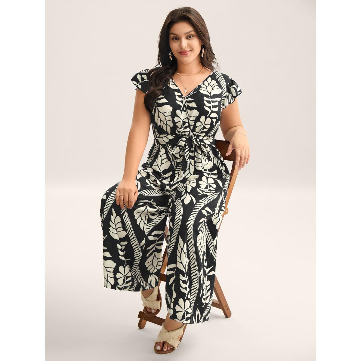 Plus Size Black Large Floral Print Pockets Jumpsuit Women Cap Sleeve Overlap Collar Vacation Loose Jumpsuits BloomChic 10/M Product Image