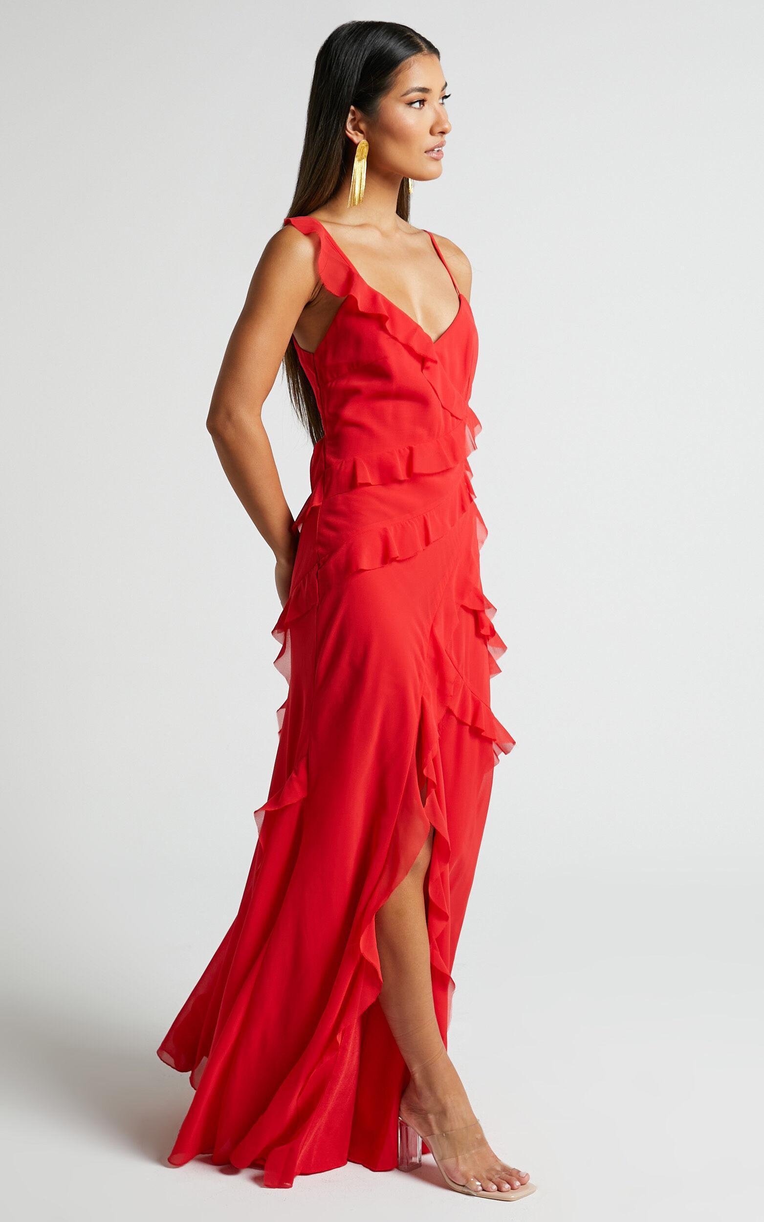 Nitha Maxi Dress - Asymmetrical Frill Thigh Split Dress in Red Product Image