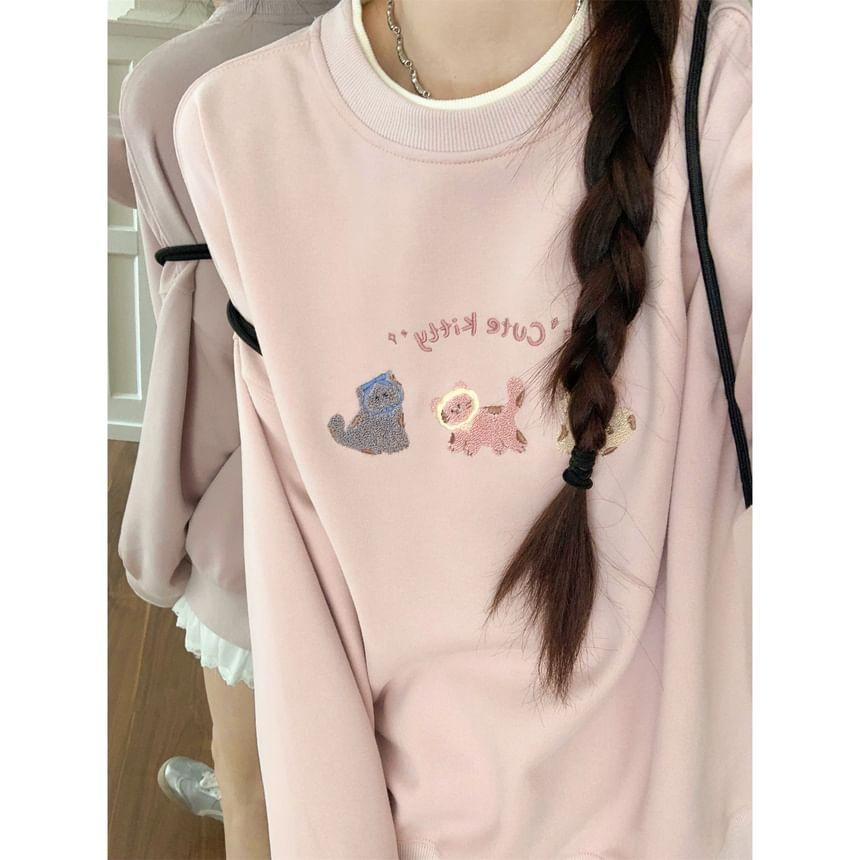 Mock Two-Piece Crew Neck Cat Embroidered Pullover Product Image