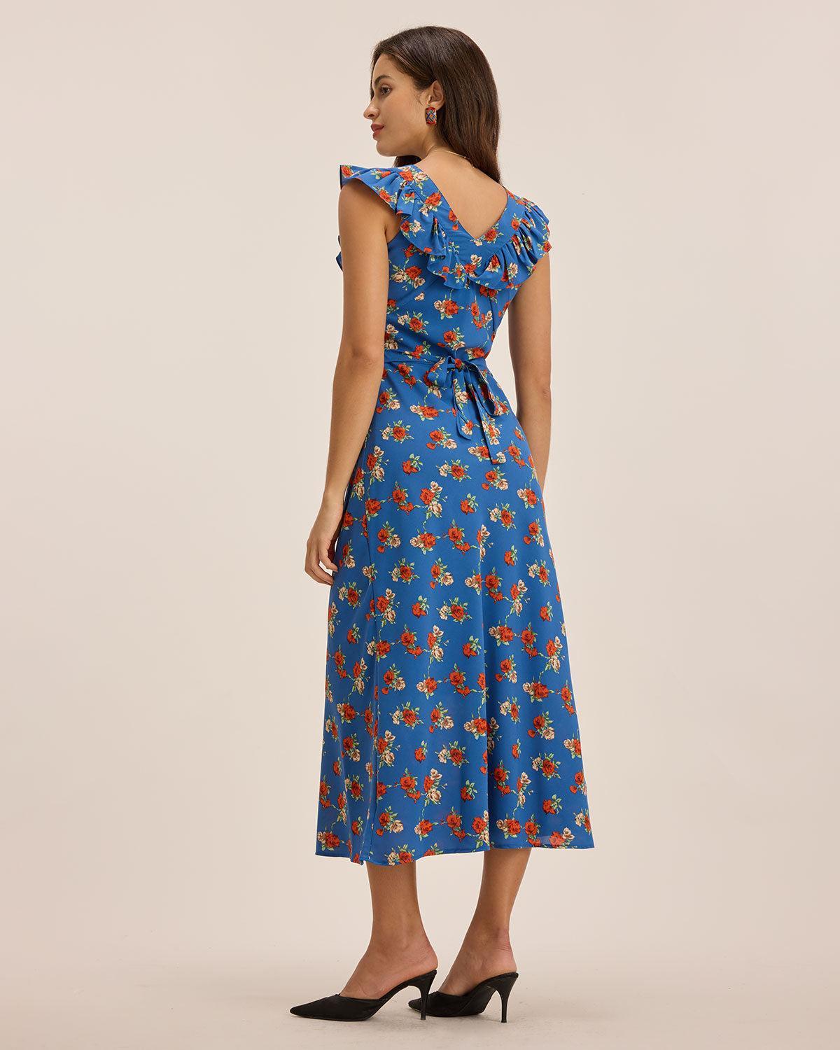 Blue Floral Ruffle Sleeveless Maxi Dress Product Image