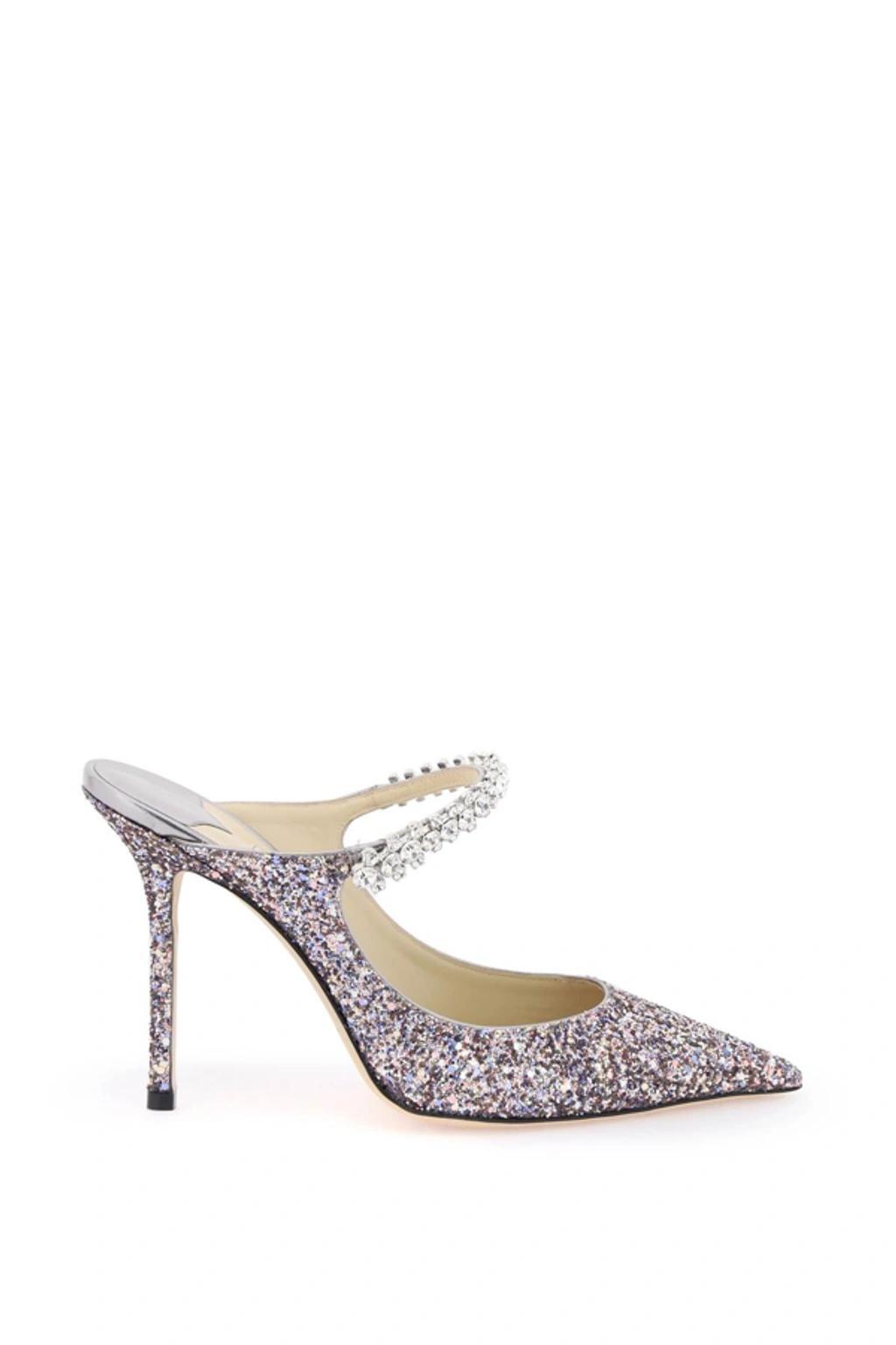 JIMMY CHOO Bing 100 Crystal Strap Glitter Heel Mules In Silver Product Image