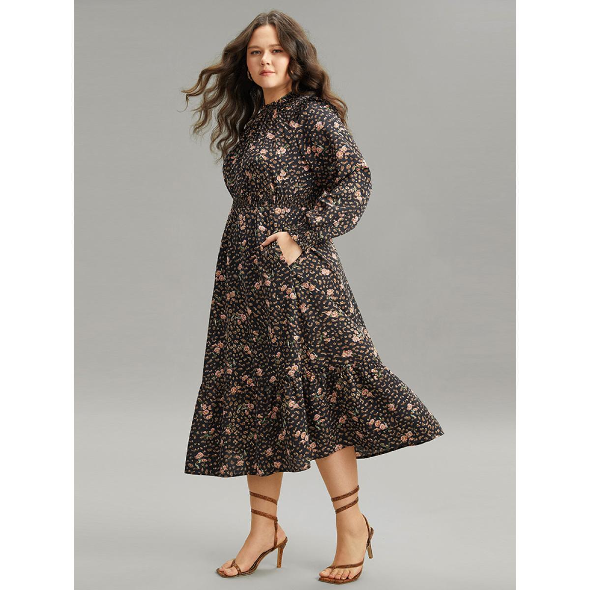Plus Size Ditsy Floral Shirred Flutter Trim Keyhole Dress Black Women Elegant Printed Mock Neck Long Sleeve Curvy Midi Dress BloomChic 18-20/2X Product Image
