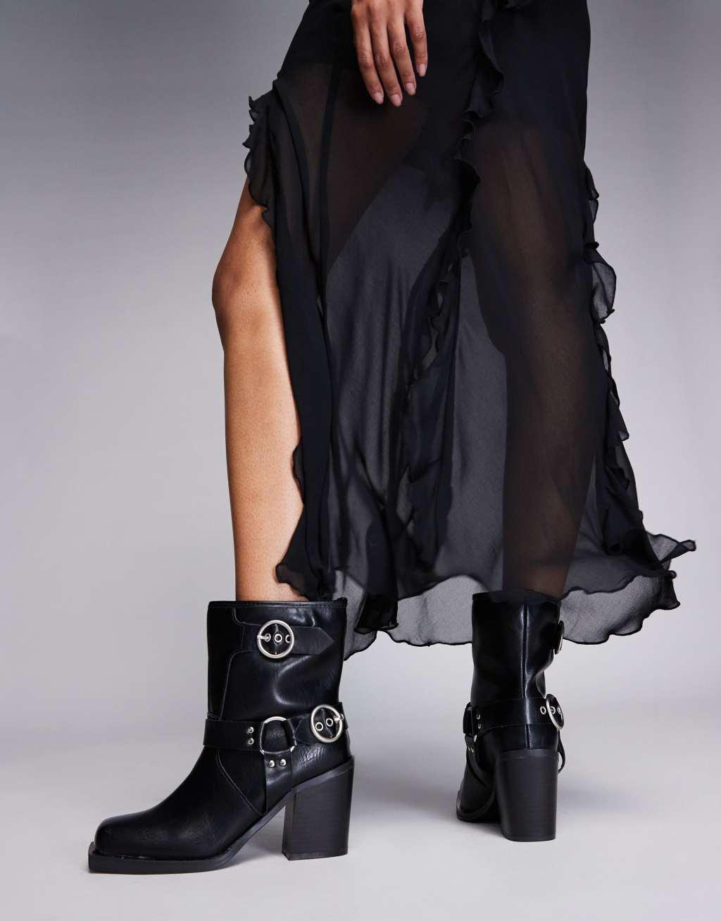 Public Desire Freak heeled ankle biker boot in black Product Image