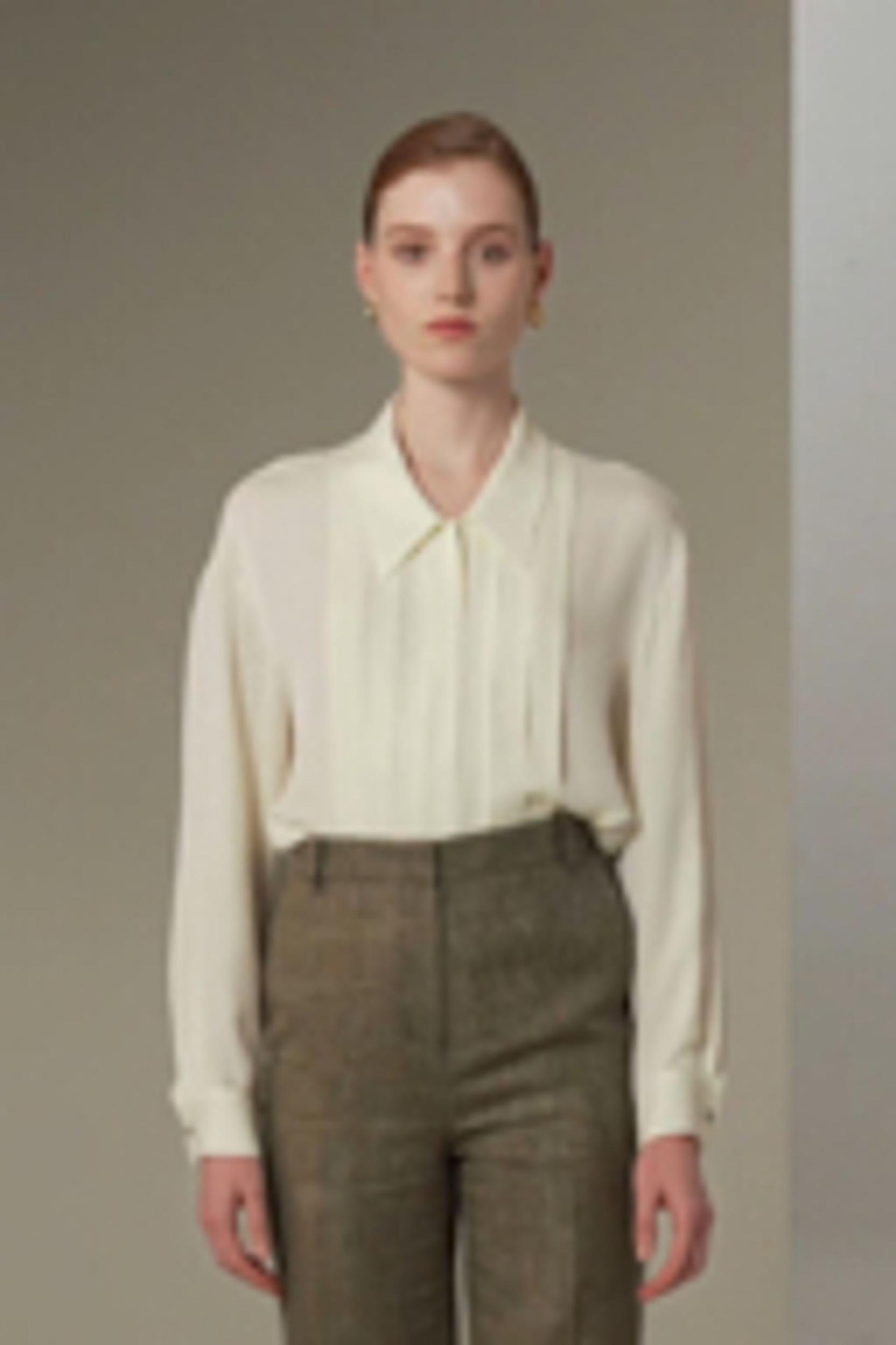 Pleated Point Collar Silk Blouse Product Image