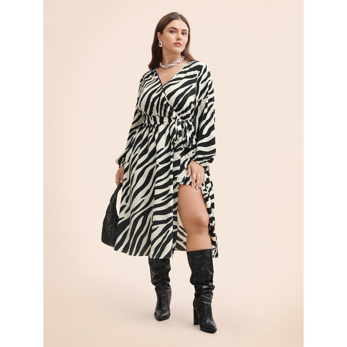Plus Size Zebra Print Overlap Collar Split Hem Dress Black Women At the Office Belted Overlap Collar Long Sleeve Curvy BloomChic 28/5X Product Image