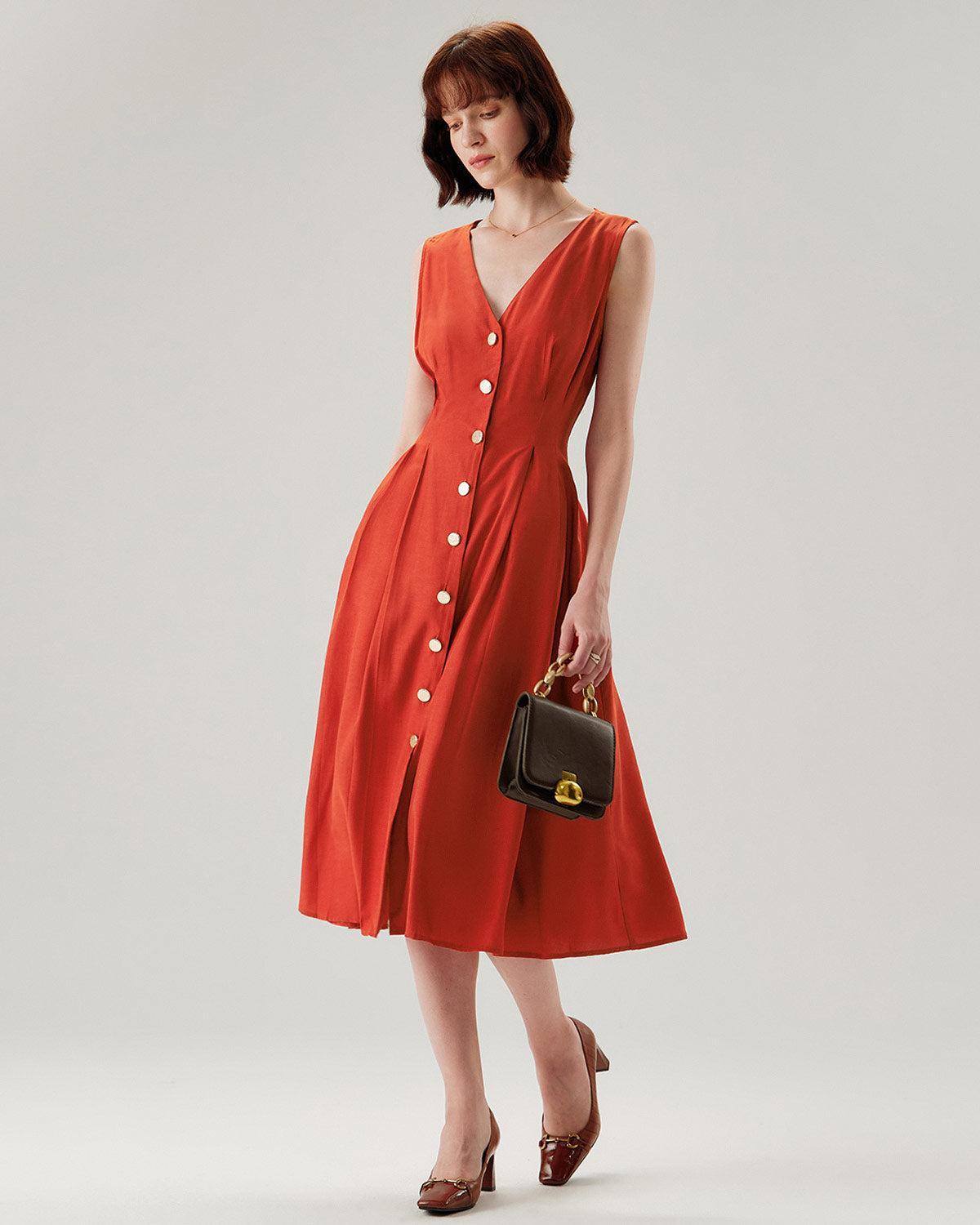 Red V-neck Button Sleeveless Midi Dress Product Image