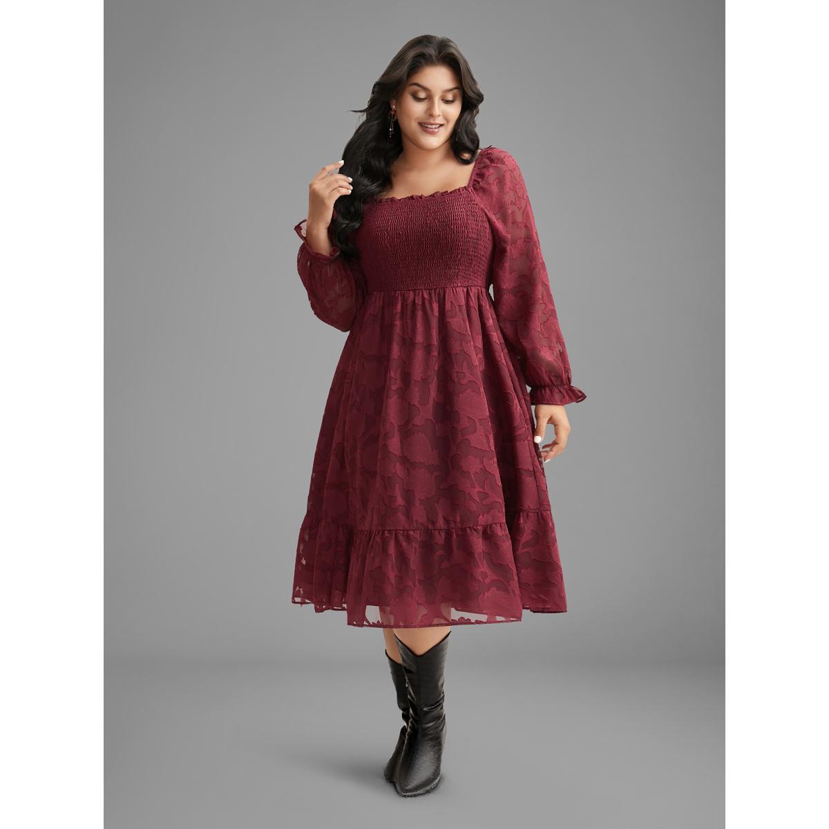 Plus Size Jacquard Texture Square Neck Midi Dress Burgundy Women Elegant Texture Party Curvy Bloomchic 22-24/3X Product Image