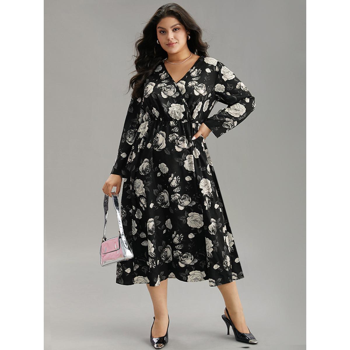 Plus Size Floral Print Pocket Elastic Waist Wrap Dress Black Women At the Office Wrap Overlap Collar Long Sleeve Curvy Midi Dress BloomChic 12/L Product Image