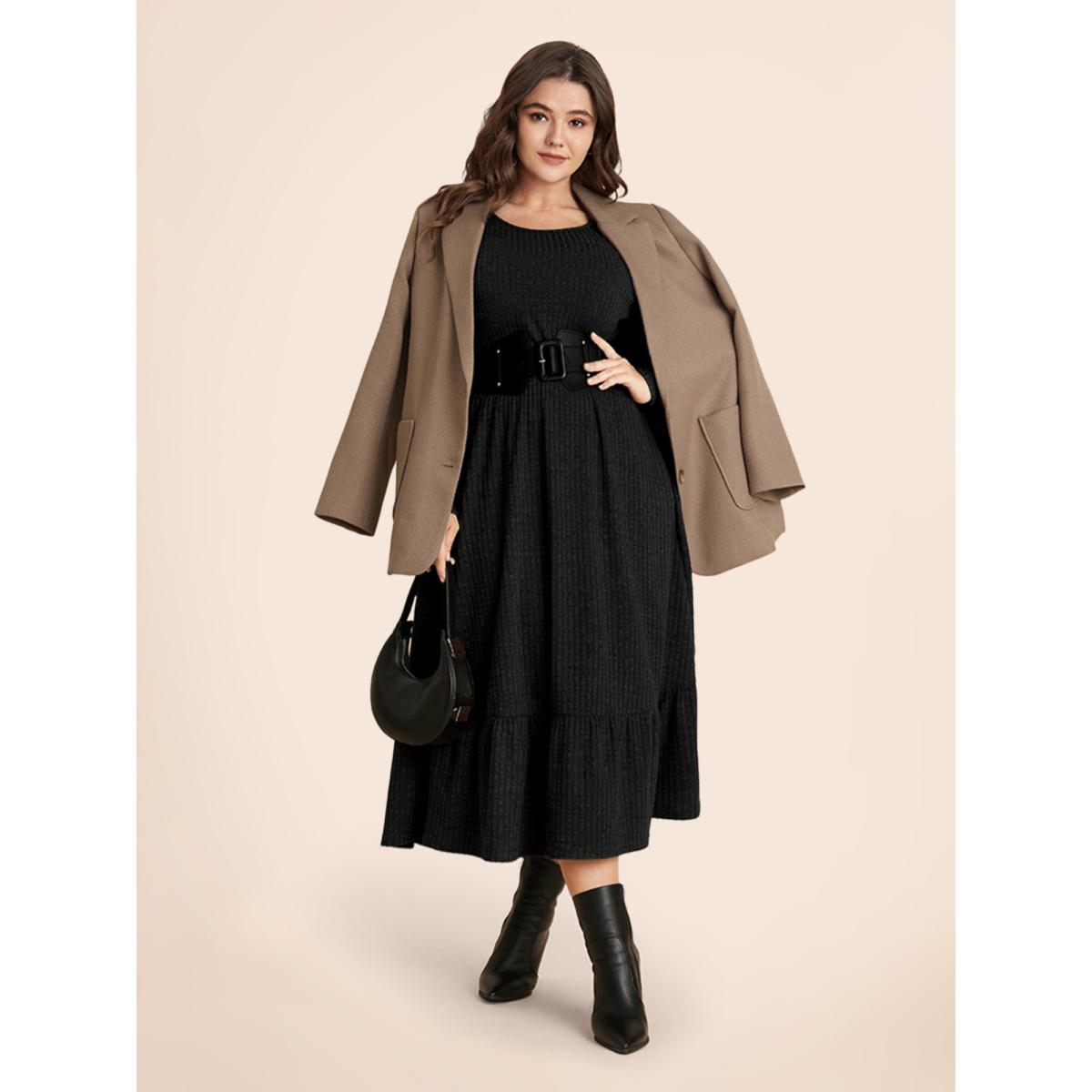 Plus Size Solid Pocket Rib Knit Ruffle Hem Dress Without Belt Black Women Basics Non Round Neck Long Sleeve Curvy Midi Dress BloomChic 12/L Product Image