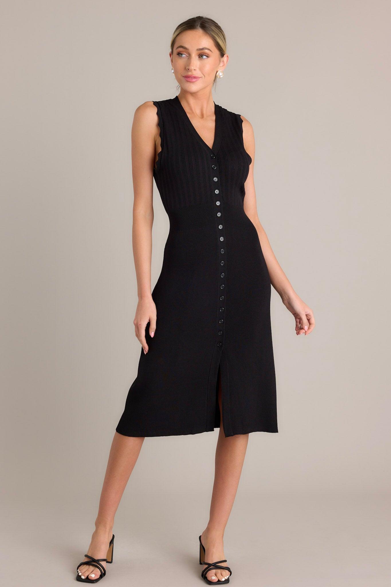 Moonlight Whisper Black Button Front Midi Dress Product Image