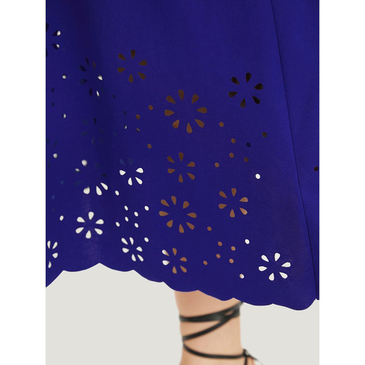 Plus Size Plain Laser Cut Gathered Square Neck Dress DarkBlue Women Elegant Plain Square Neck Long Sleeve Curvy Midi Dress BloomChic 22-24/3X Product Image