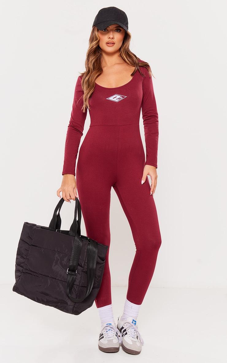 PRETTYLITTLETHING Burgundy Embroidered Scoop Neck Jumpsuit Product Image