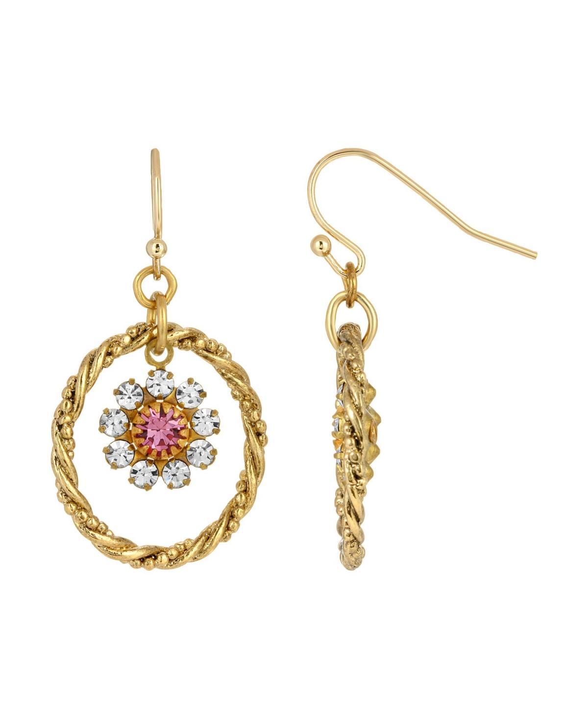 1928 Gold Tone Pink Crystal Flower Orbital Earrings, Womens Product Image