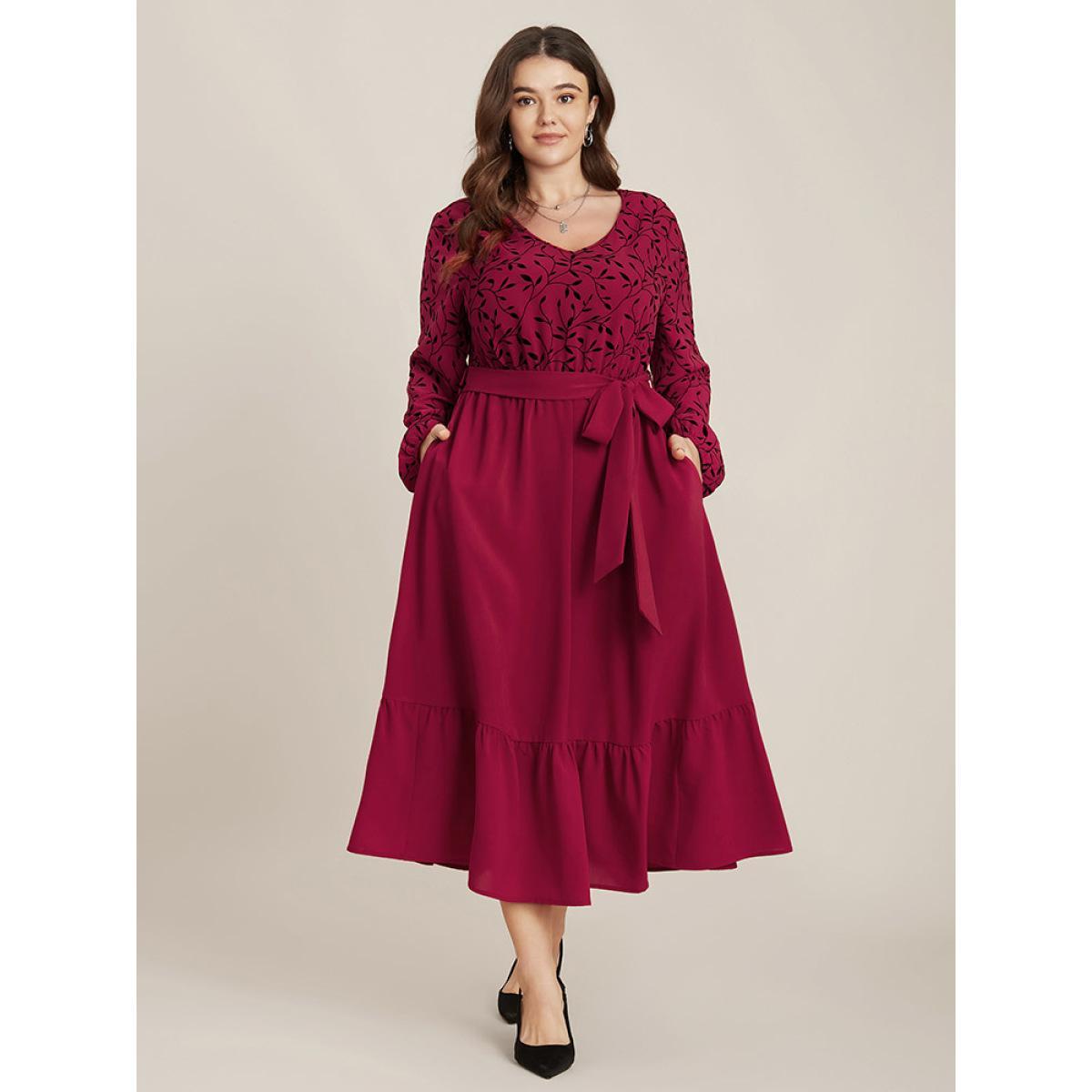 Plus Size Plant Print Lantern Sleeve Pocket Belted Ruffles Hem Dress Burgundy Women Elegant Patchwork V-neck Long Sleeve Curvy Midi Dress BloomChic 28/5X Product Image