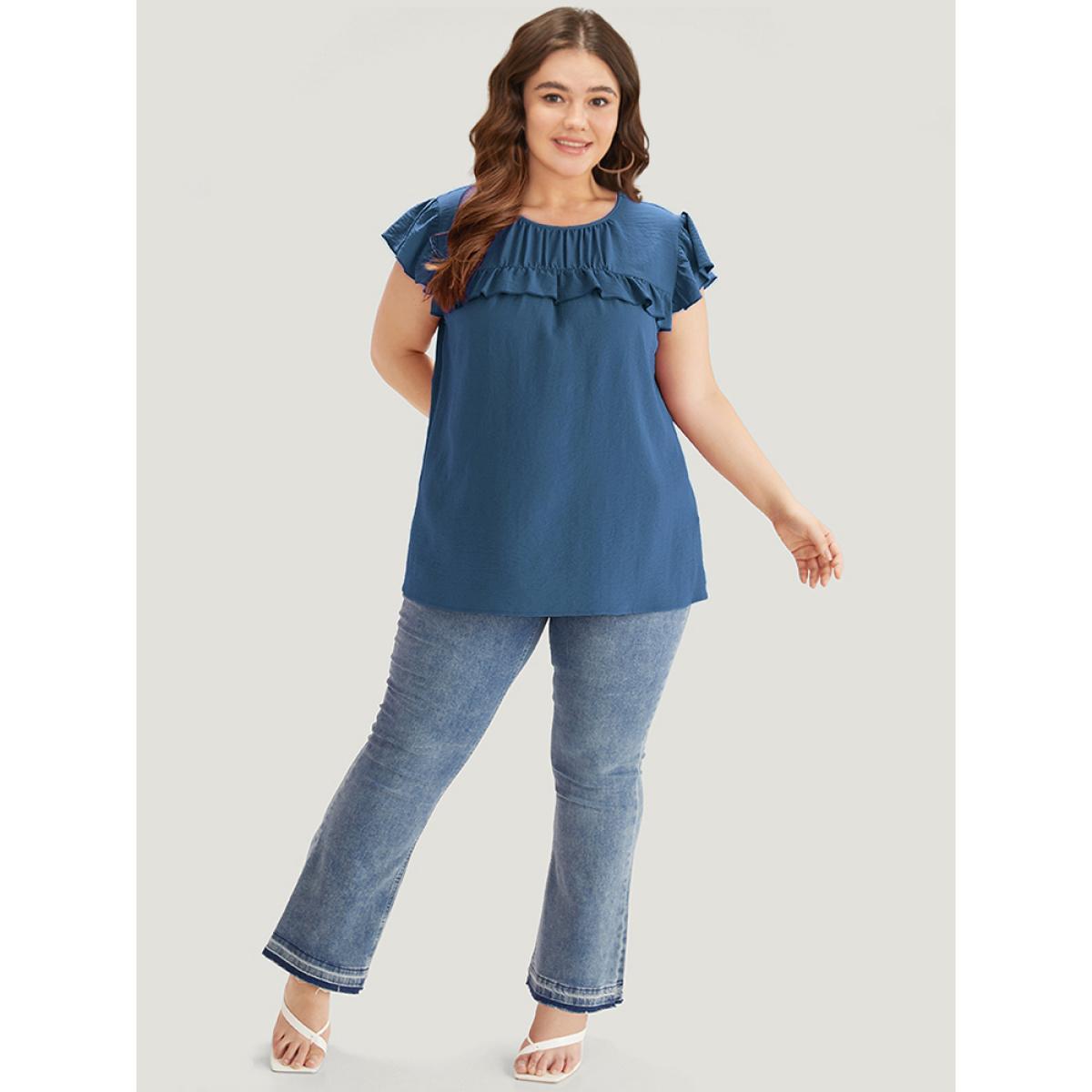 Plus Size Aegean Solid Gathered Flutter Trim Blouse Women Elegant Cap Sleeve Round Neck Dailywear Blouses BloomChic 28/5X Product Image