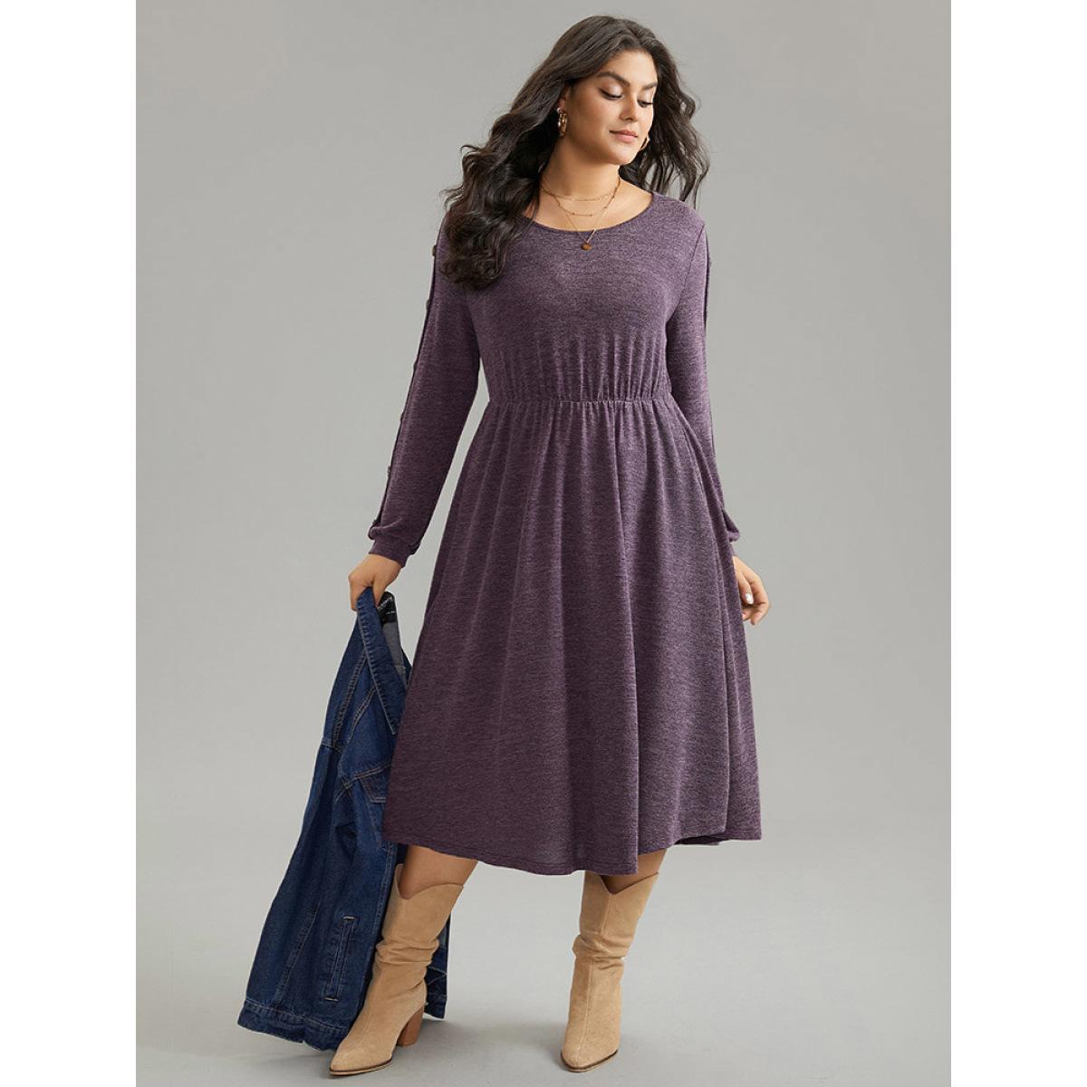 Plus Size Plisse Solid Side Button Detail Dress Purple Women Casual Plain Round Neck Long Sleeve Curvy Midi Dress BloomChic 28/5X Product Image