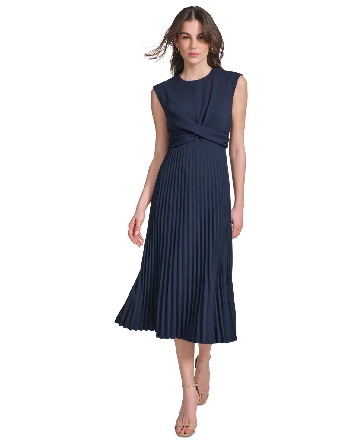 Calvin Klein Cap Sleeve Scuba Crepe Pleated Skirt Dress (Indigo) Women's Dress Product Image